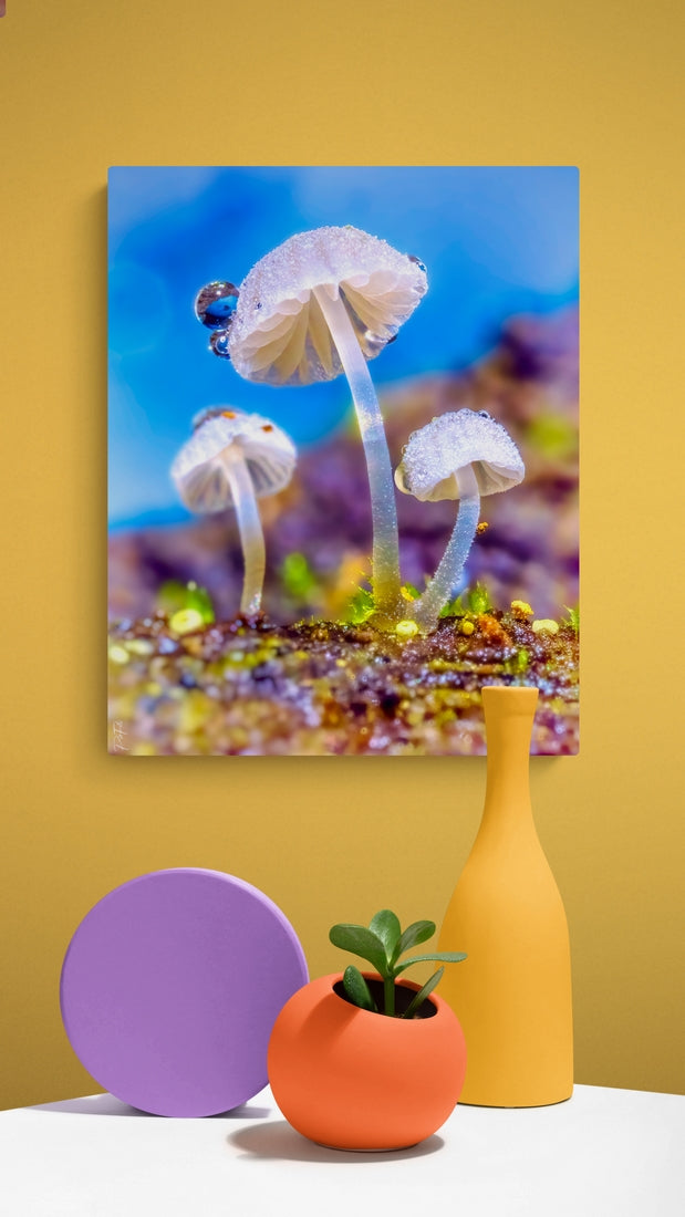 Trois champignons sous la rosée